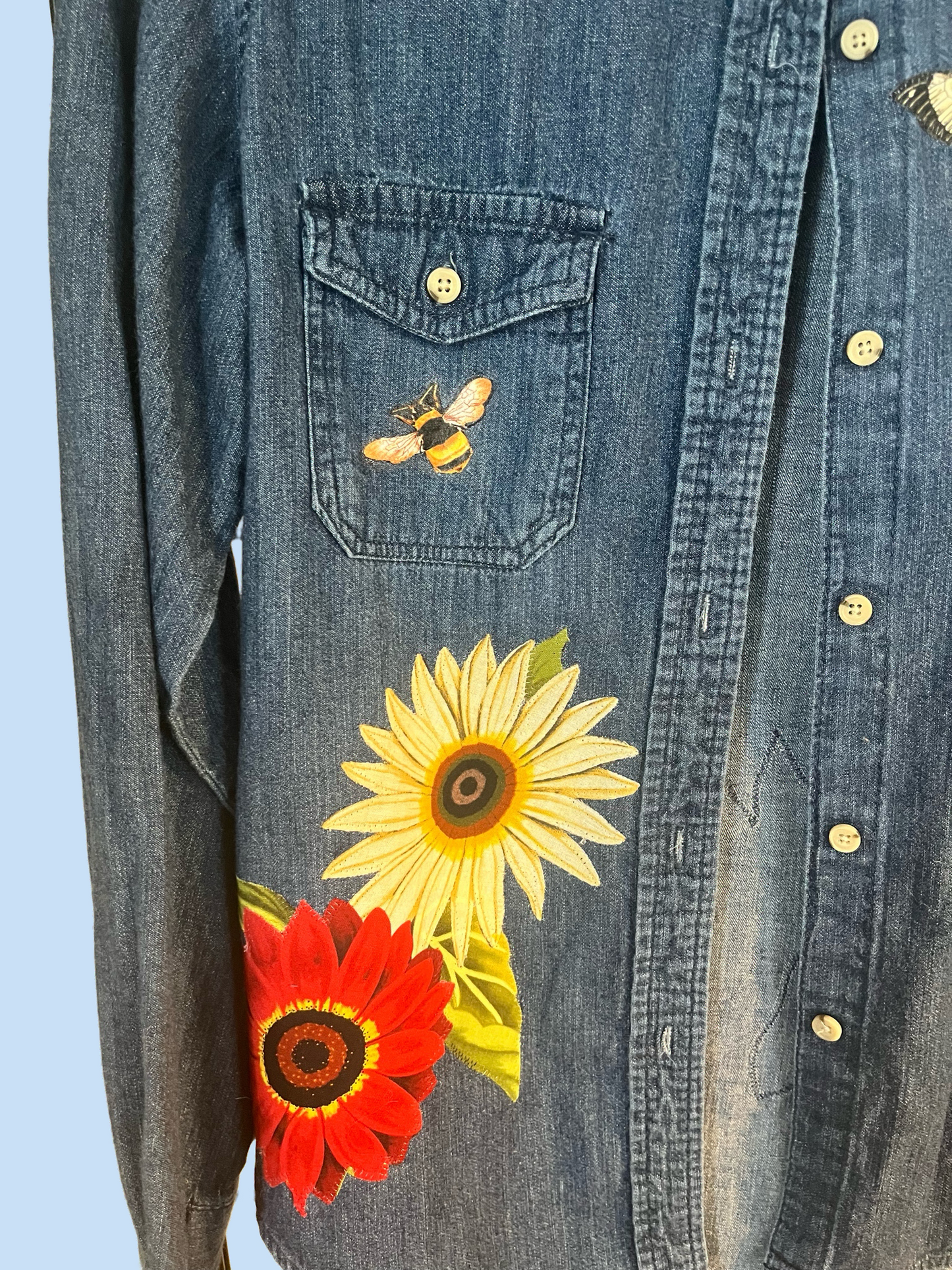 Unique Upcycled Women’s Size S Denim Shirt with Appliquéd Sunflowers and Butterflies