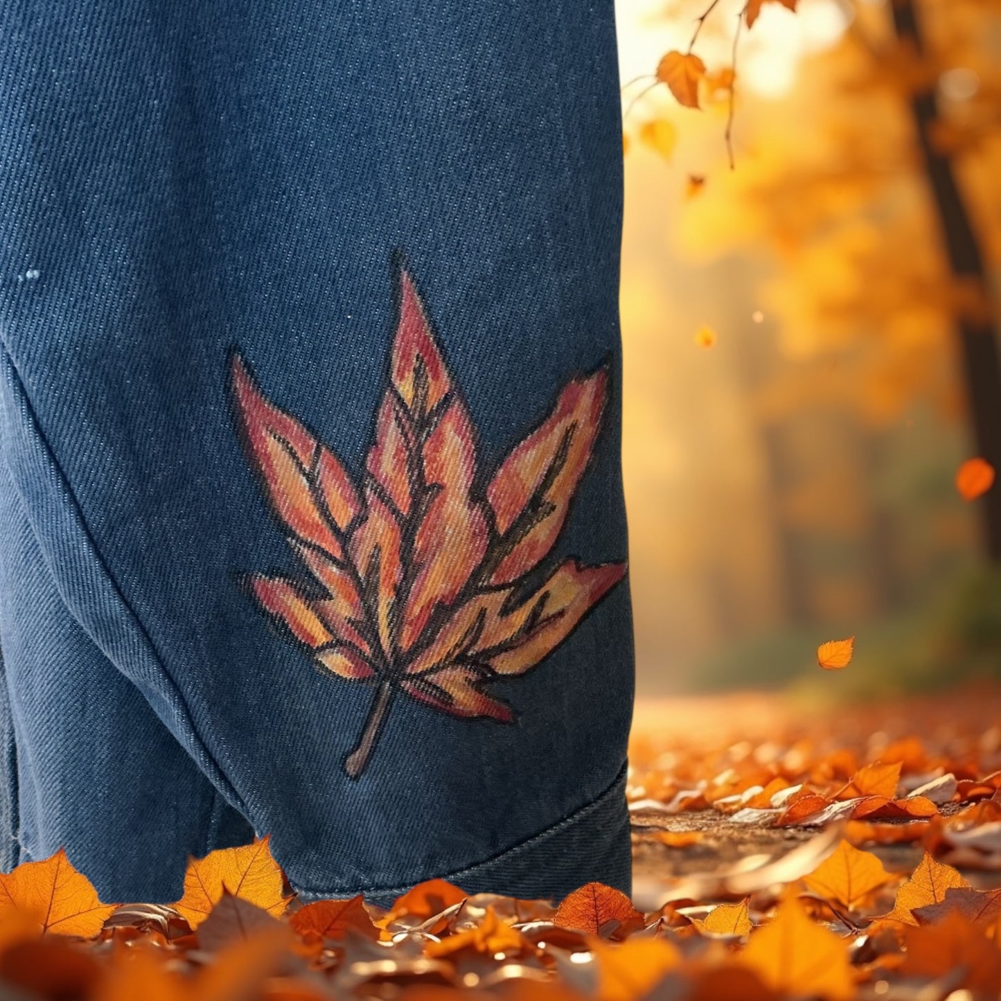 Upcycled Women’s Fall Denim Jacket with Hand Painted Pumpkins and Leaves