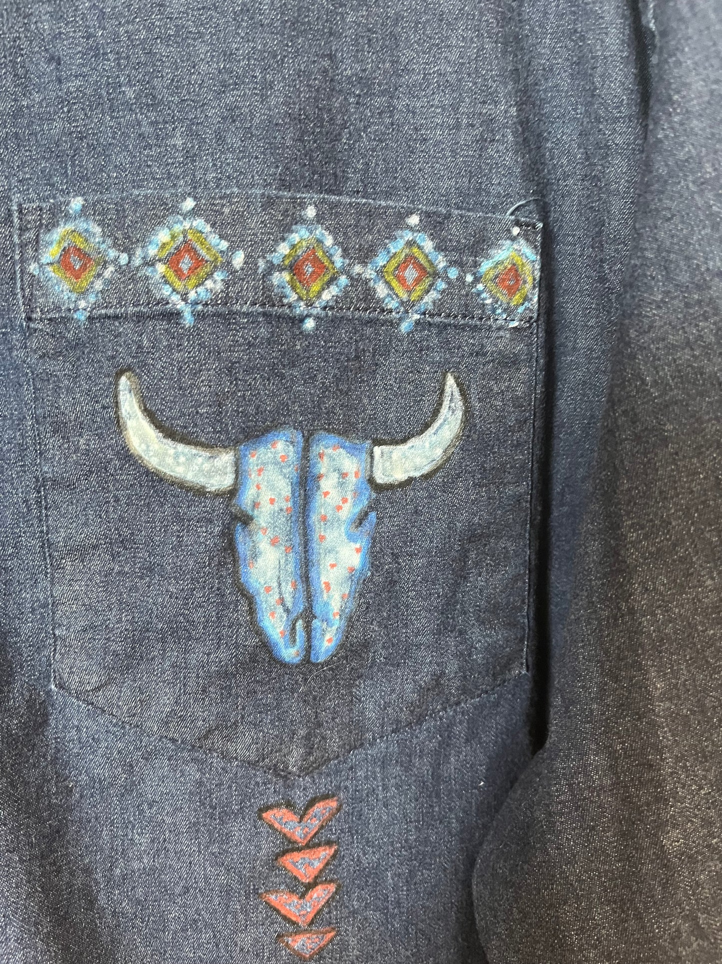 Women’s Size 2X Upcycled Western Themed Denim Shirt with Spot Bleached and Handpainted Southwestern Motifs