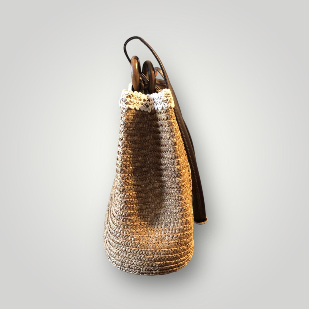 Unique Upcycled Floral Appliqué Embellished Straw Handbag