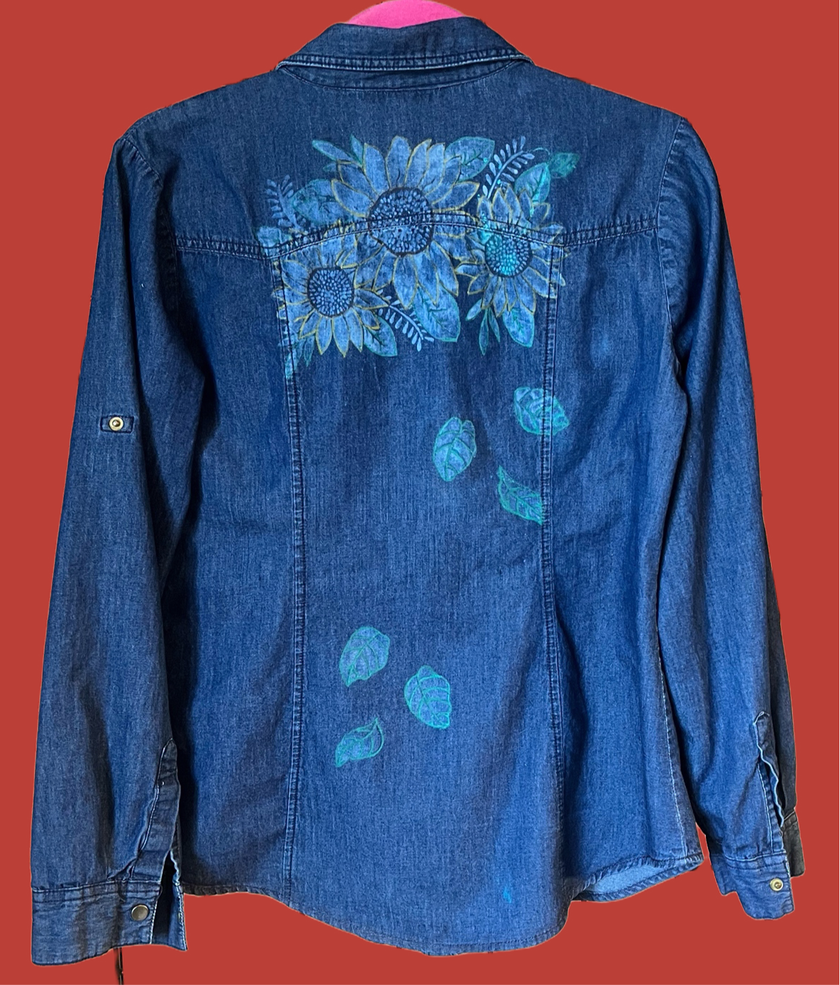 Unique Upcycled Women’s Denim Shirt with Sunflower Embellishment