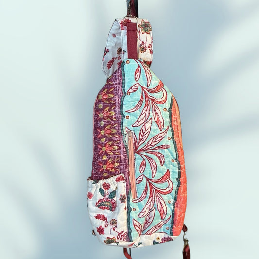 Upcycled Handmade Quilted and Lined Crossbody Bag with Floral/Boho Motif