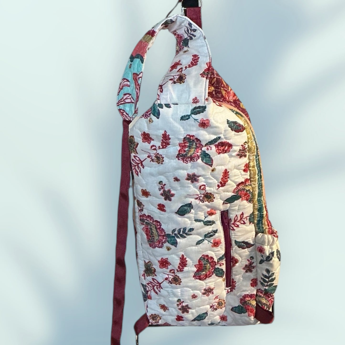 Upcycled Handmade Quilted and Lined Crossbody Bag with Floral/Boho Motif