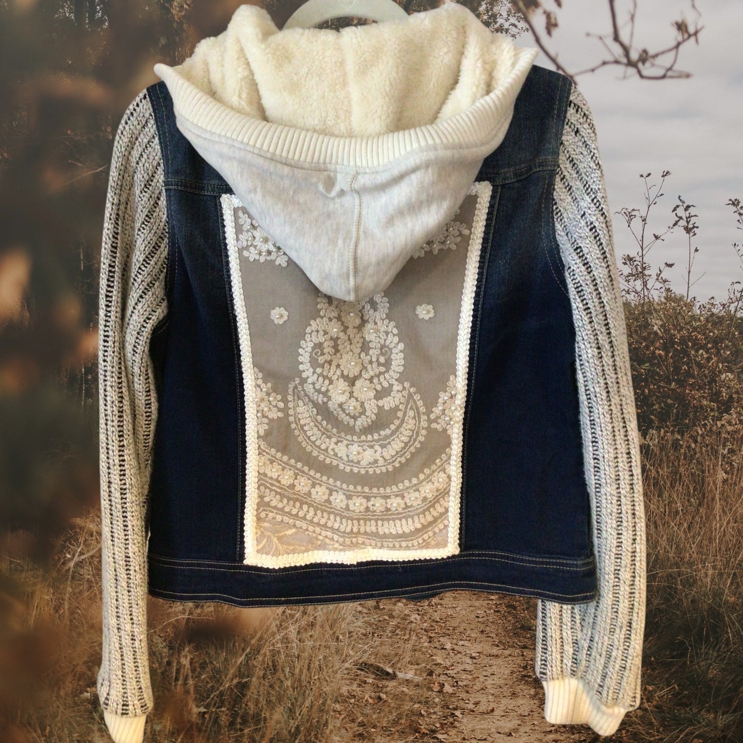 Upcycled Women’s Embellished Denim Jacket with Removable Hood