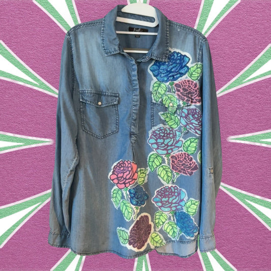 Upcycled Women’s Size L Boho Chambray Shirt with Hand Painted Rose Embellishment