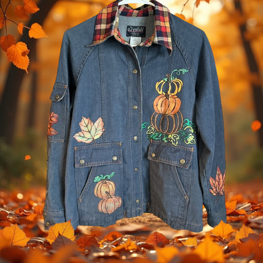 Upcycled Women’s Fall Denim Jacket with Hand Painted Pumpkins and Leaves