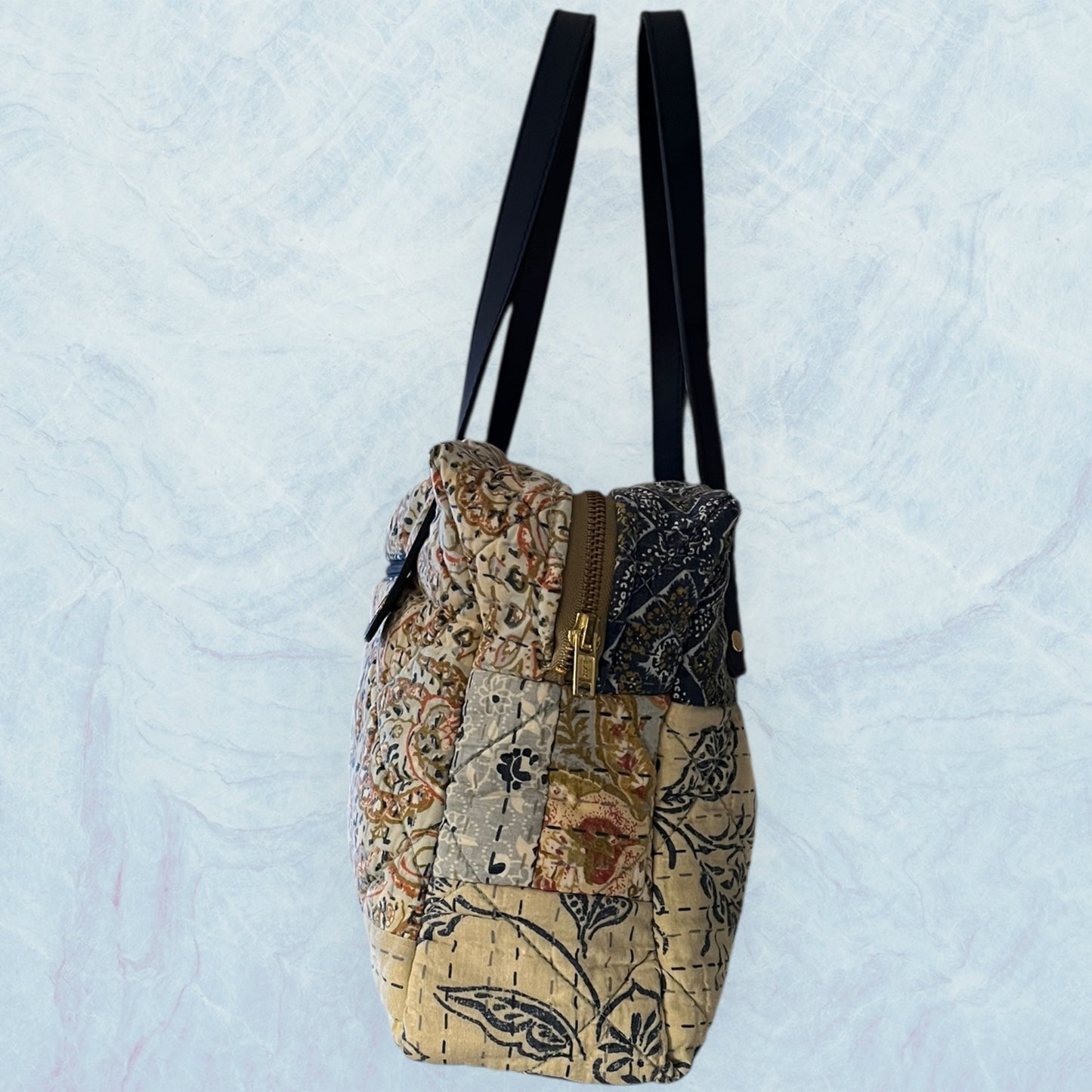 Upcycled Quilted Purse with Three Pockets, Roomy Interior and Faux Leather Navy Handles.