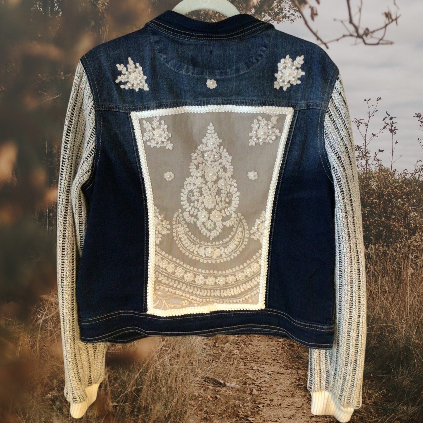 Upcycled Women’s Embellished Denim Jacket with Removable Hood