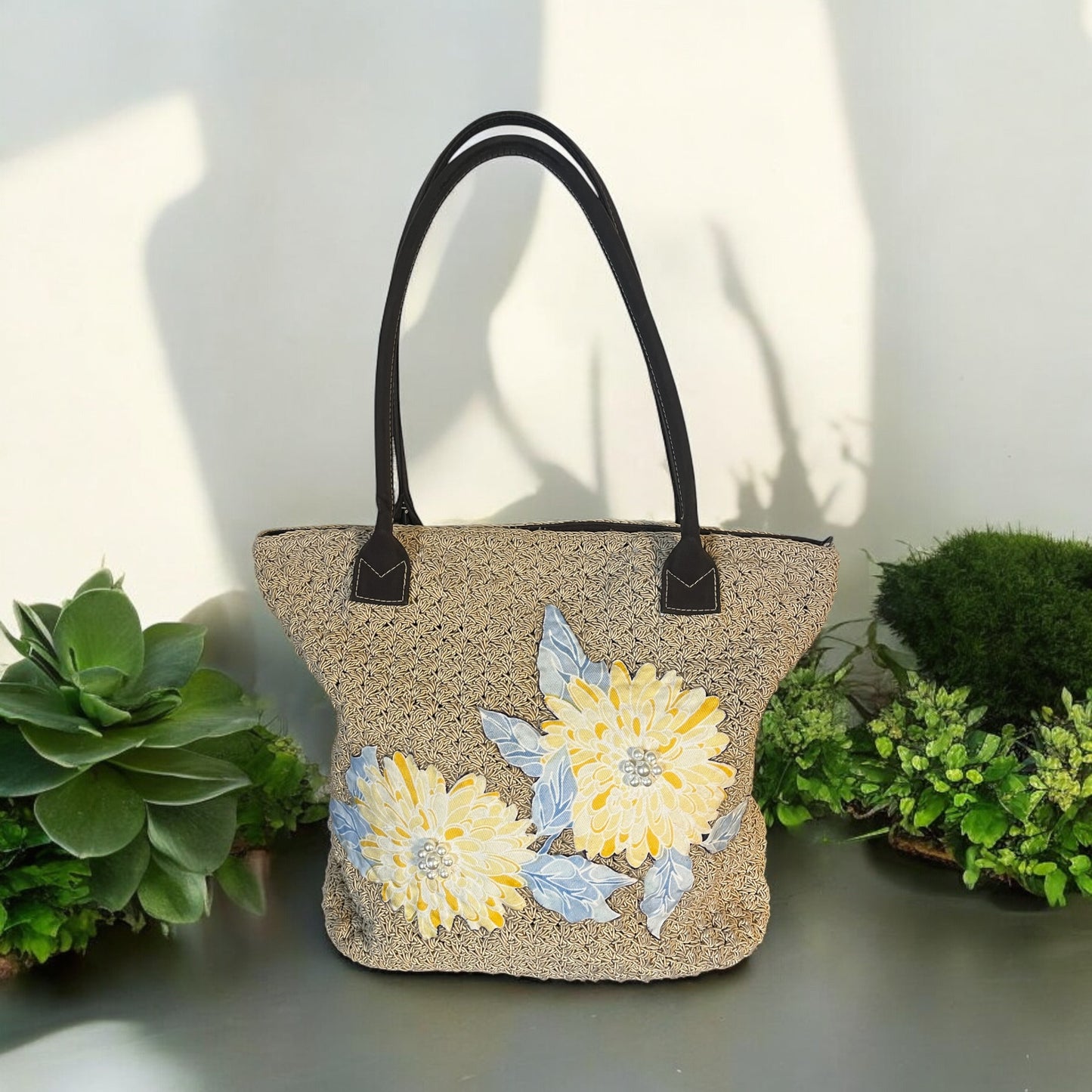 Floral Unique Upcycled Crochet Purse with Handles