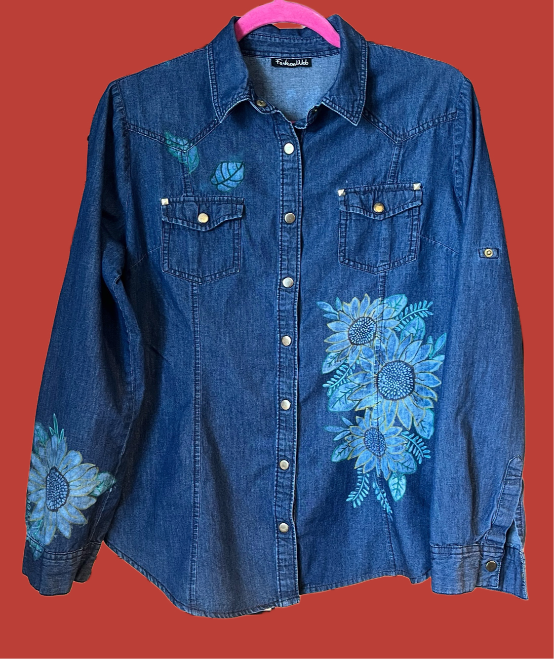 Unique Upcycled Women’s Denim Shirt with Sunflower Embellishment