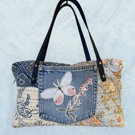 Upcycled Quilted Purse with Three Pockets, Roomy Interior and Faux Leather Navy Handles.