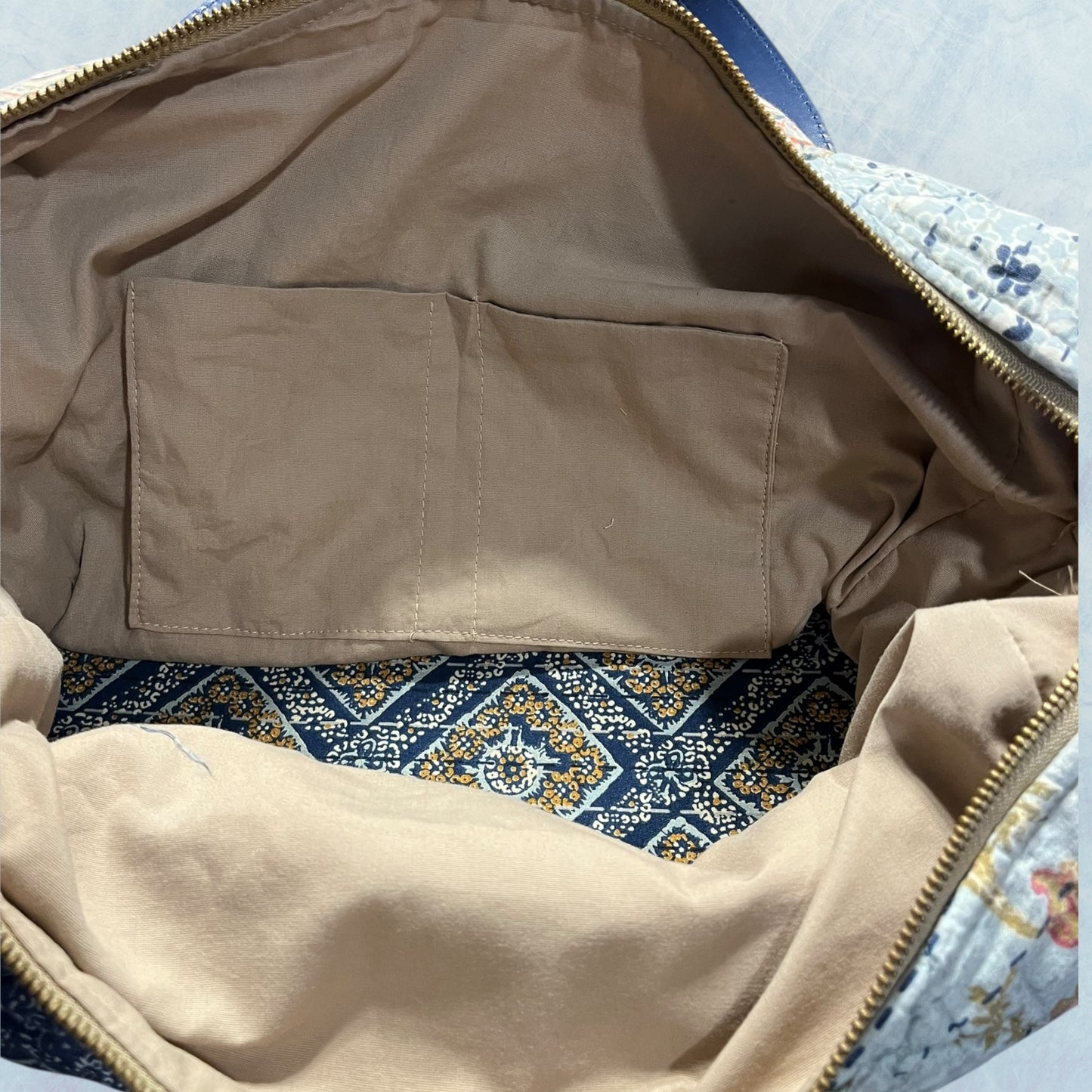 Upcycled Quilted Purse with Three Pockets, Roomy Interior and Faux Leather Navy Handles.