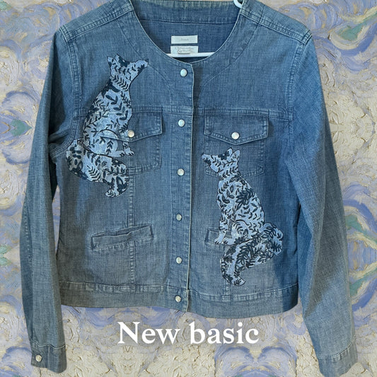 Upcycled Boho Women’s Size S Southwestern Denim Jacket with Hand Painted Wolves/ Coyotes