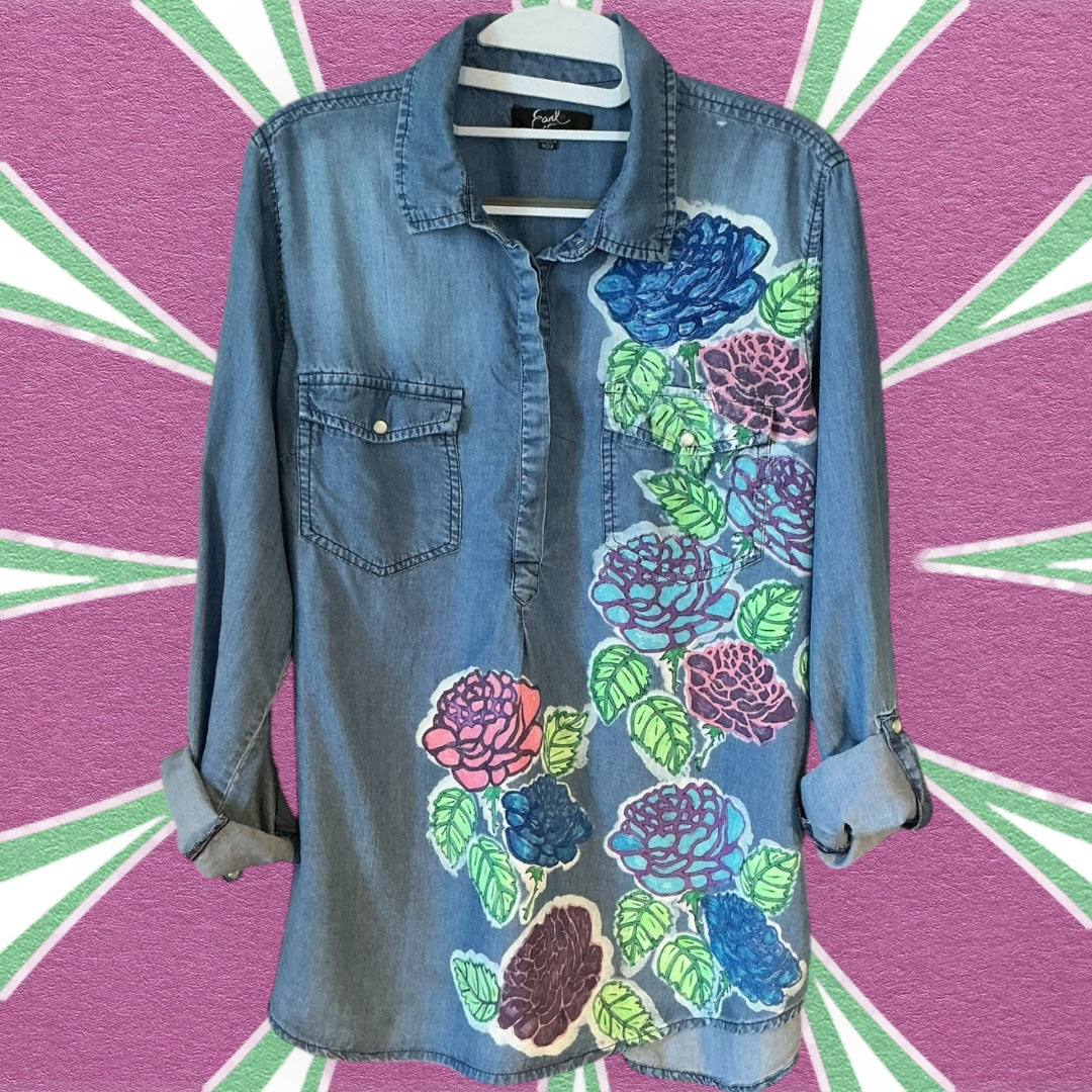 Upcycled Women’s Size L Boho Chambray Shirt with Hand Painted Rose Embellishment