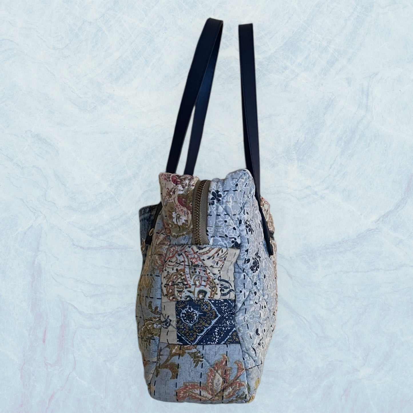 Upcycled Quilted Purse with Three Pockets, Roomy Interior and Faux Leather Navy Handles.