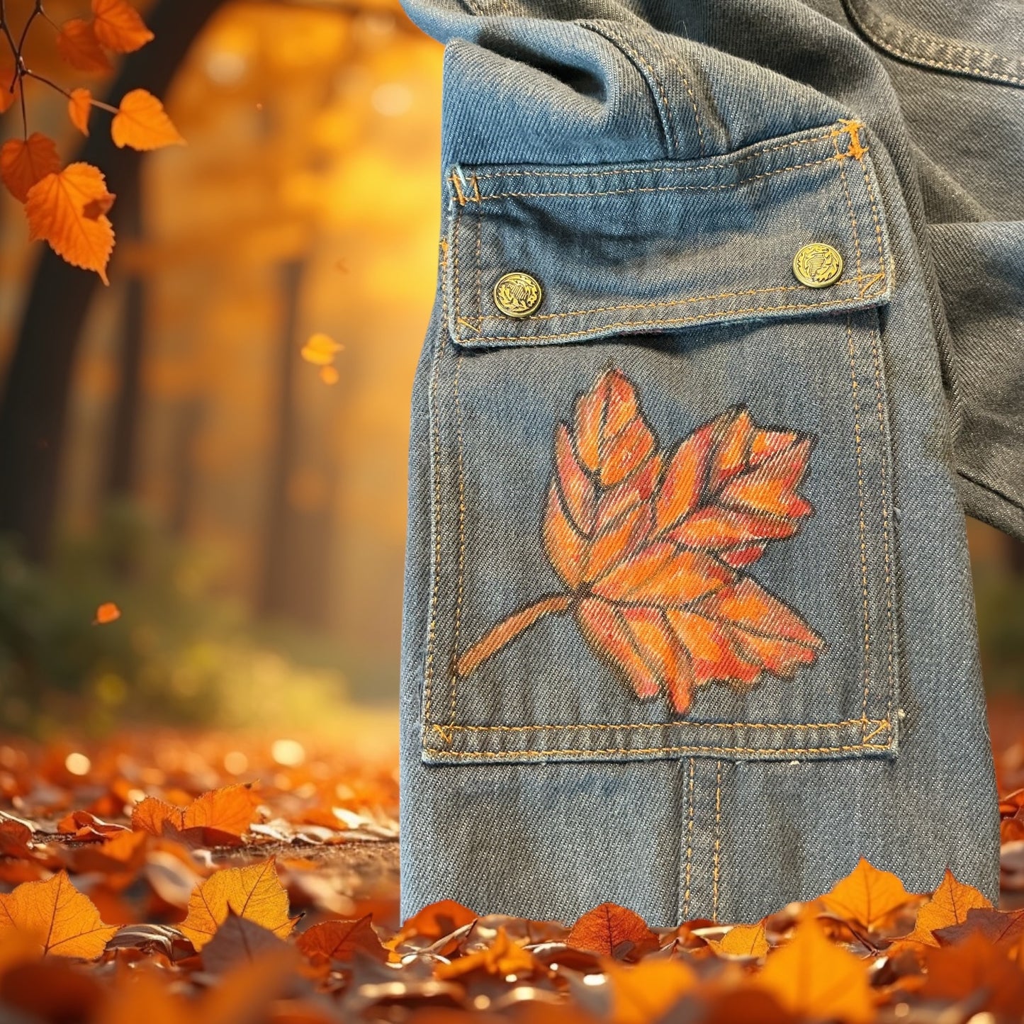 Upcycled Women’s Fall Denim Jacket with Hand Painted Pumpkins and Leaves