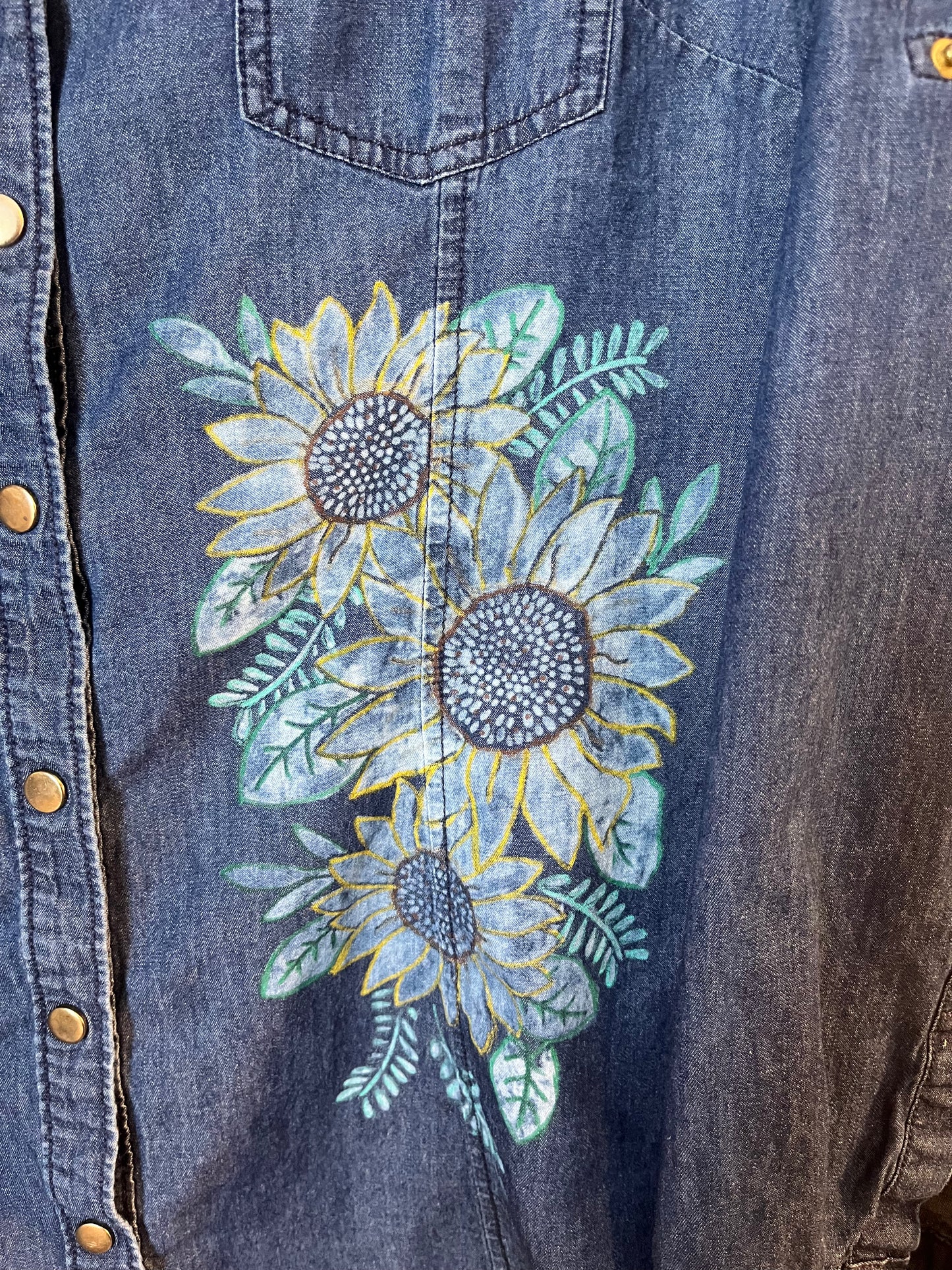 Unique Upcycled Women’s Denim Shirt with Sunflower Embellishment