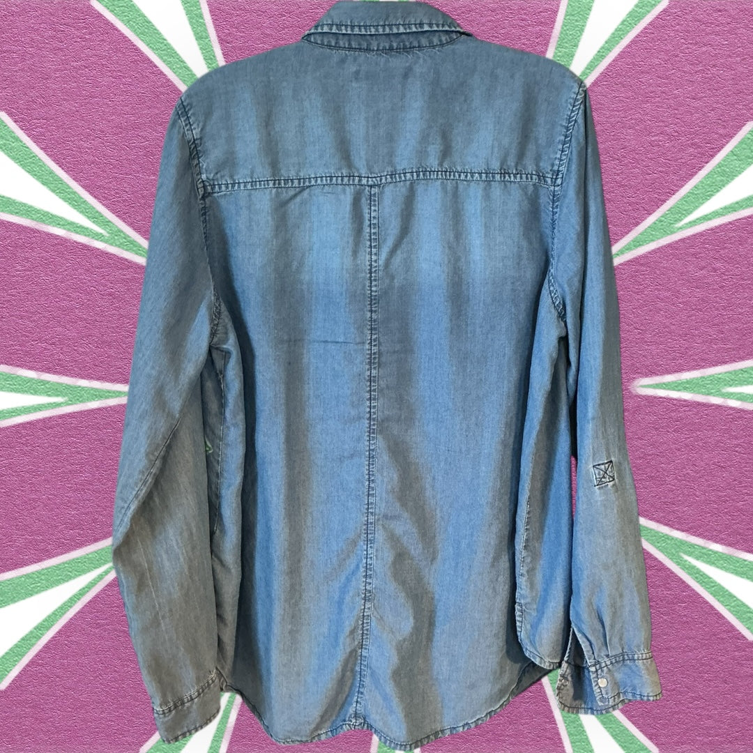 Upcycled Women’s Size L Boho Chambray Shirt with Hand Painted Rose Embellishment