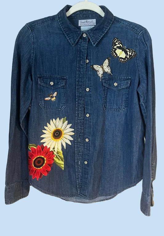 Unique Upcycled Women’s Size S Denim Shirt with Appliquéd Sunflowers and Butterflies