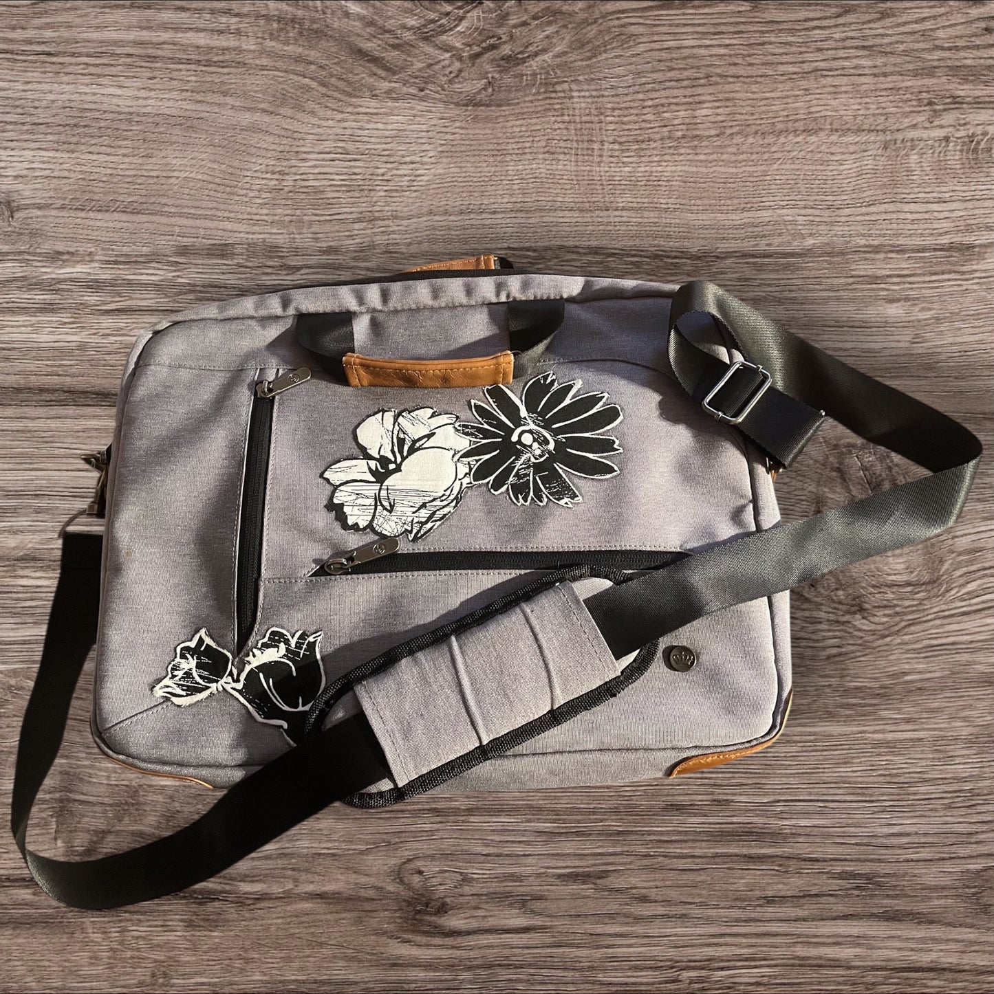 Upcycled Floral Embellished Computer Messenger Bag with Carry Strap and Pockets