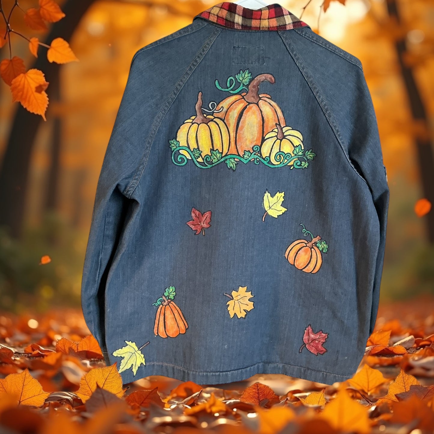 Upcycled Women’s Fall Denim Jacket with Hand Painted Pumpkins and Leaves