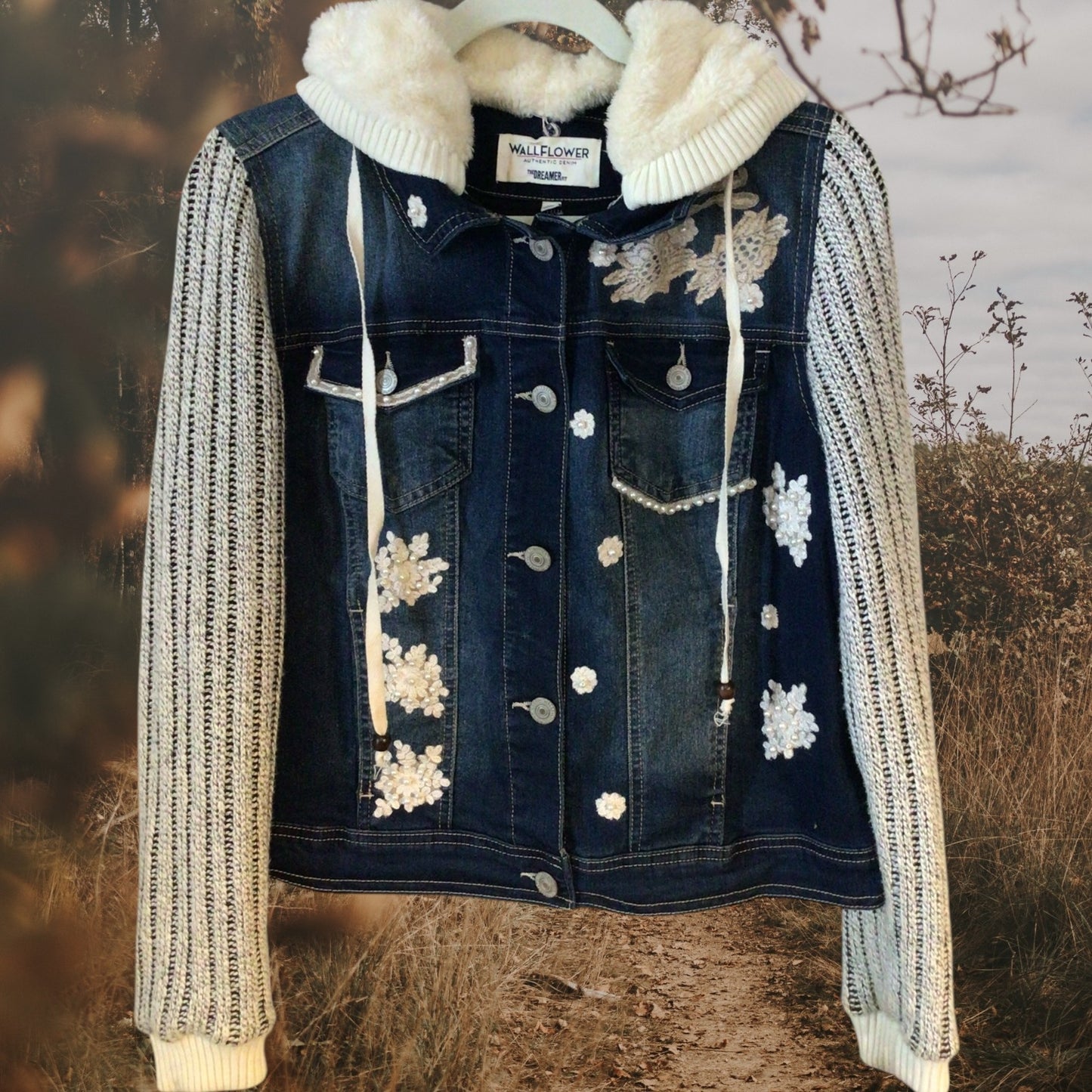 Upcycled Women’s Embellished Denim Jacket with Removable Hood