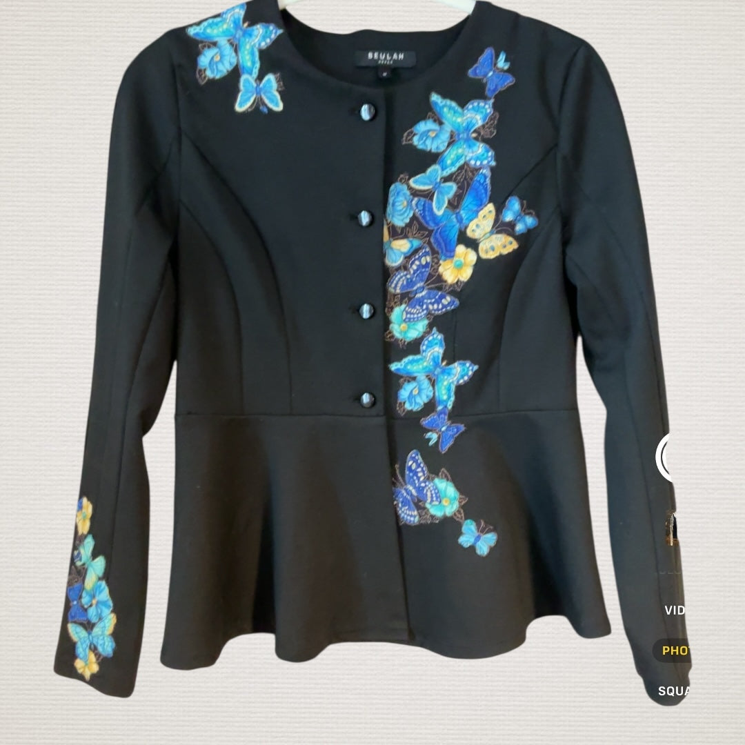 Women’s Size M Upcycled Black Jacket with Peplum and Appliquéd Butterflies