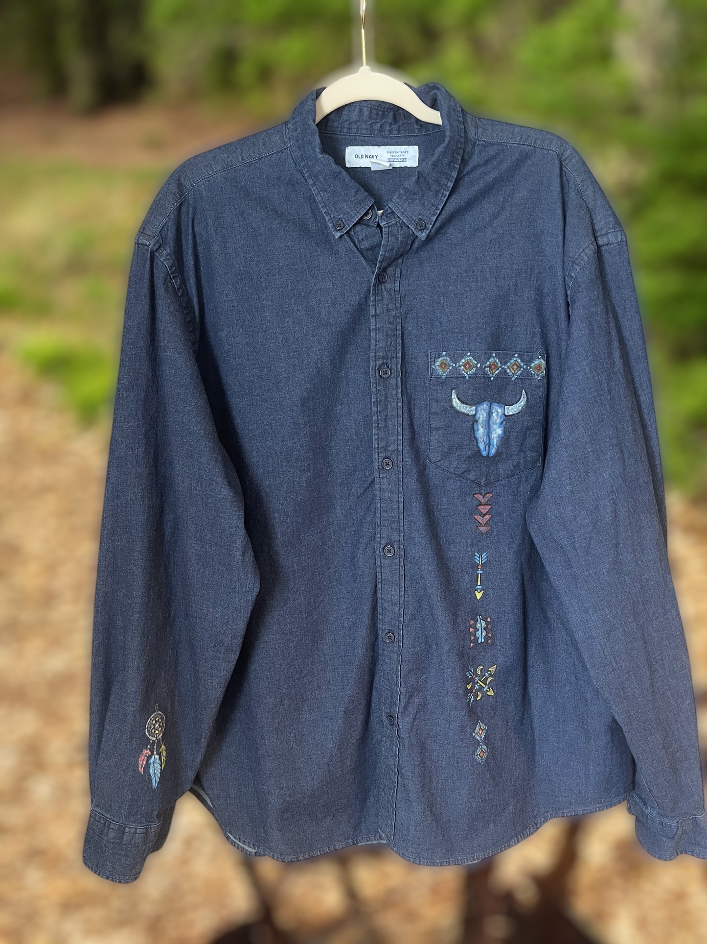 Women’s Size 2X Upcycled Western Themed Denim Shirt with Spot Bleached and Handpainted Southwestern Motifs