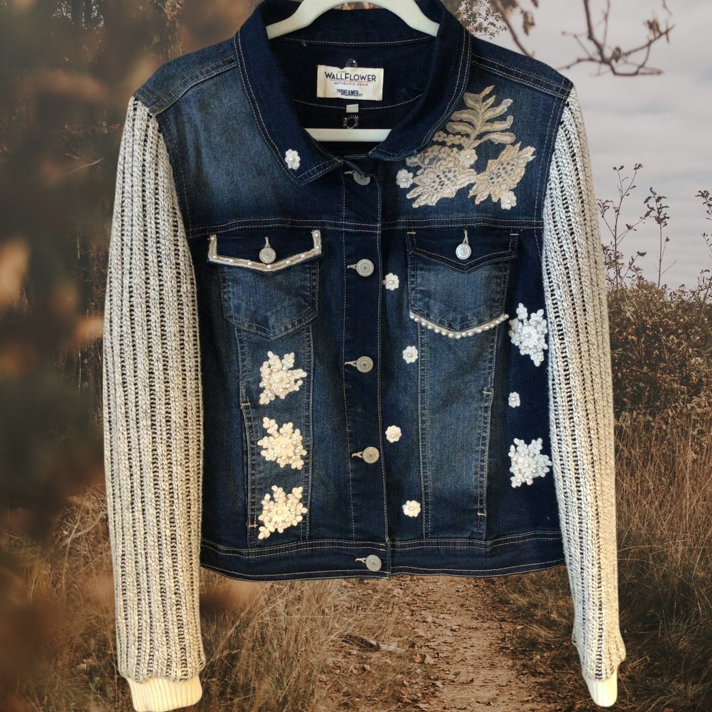 Upcycled Women’s Embellished Denim Jacket with Removable Hood