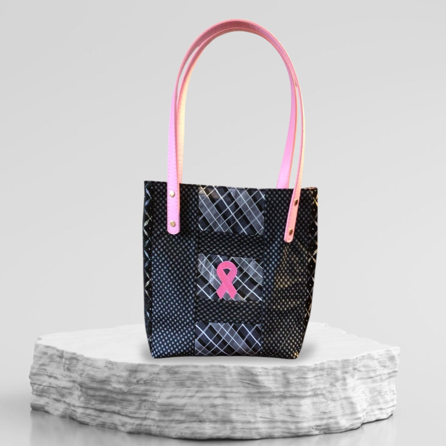 Upcycled Pink Ribbon Breast Cancer Silk Tie Purse with Faux Leather Handles