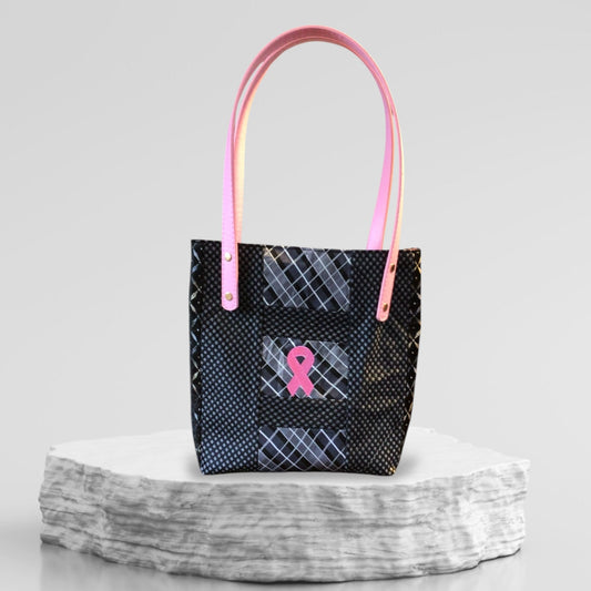 Upcycled Pink Ribbon Breast Cancer Silk Tie Purse with Faux Leather Handles