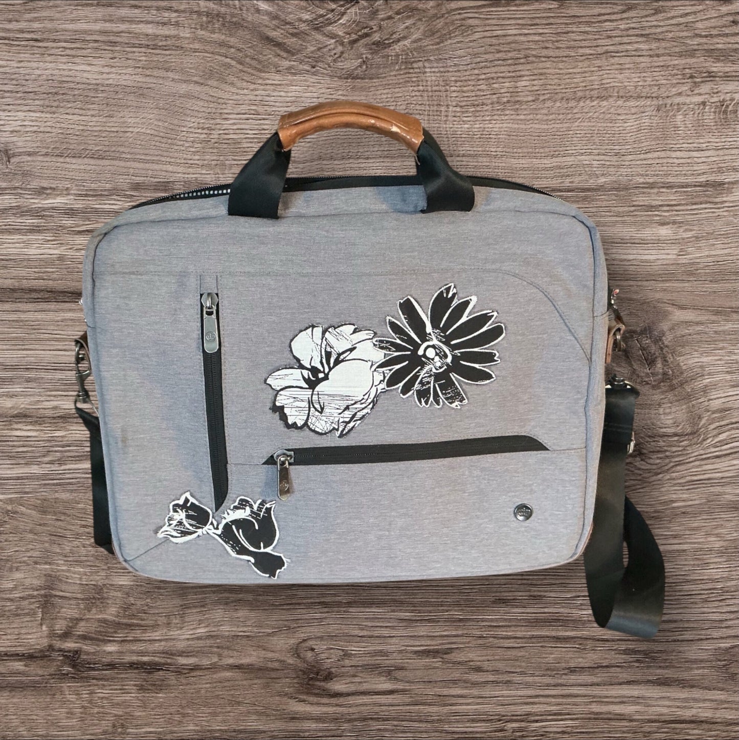 Upcycled Floral Embellished Computer Messenger Bag with Carry Strap and Pockets