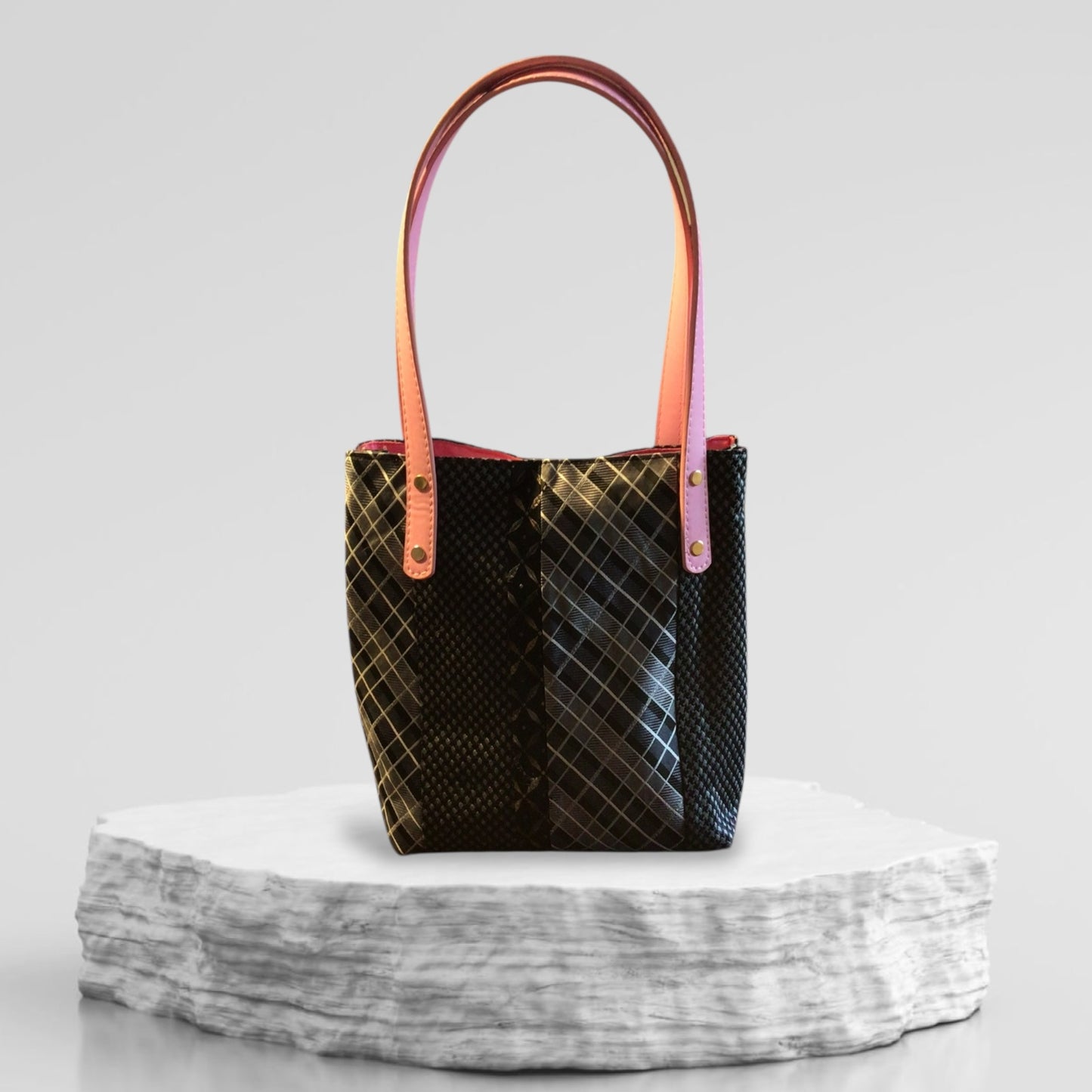 Upcycled Pink Ribbon Breast Cancer Silk Tie Purse with Faux Leather Handles