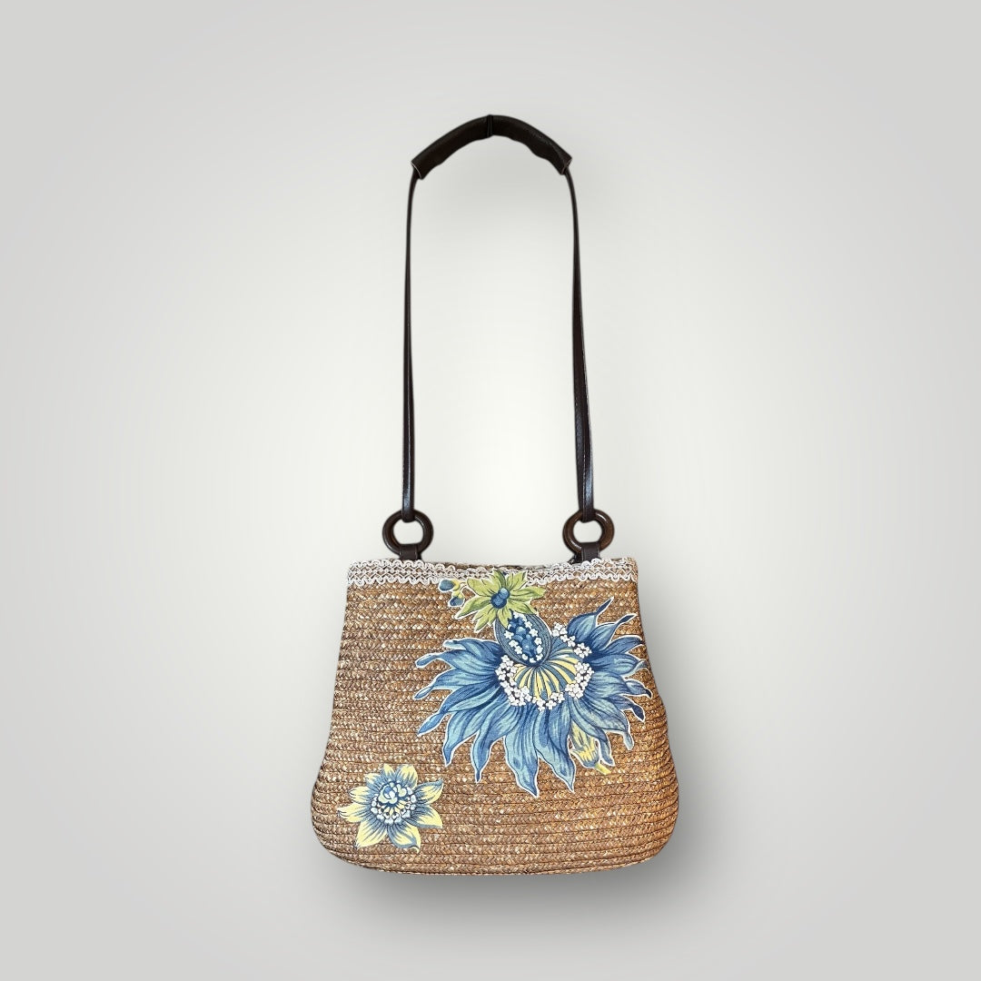 Unique Upcycled Floral Appliqué Embellished Straw Handbag