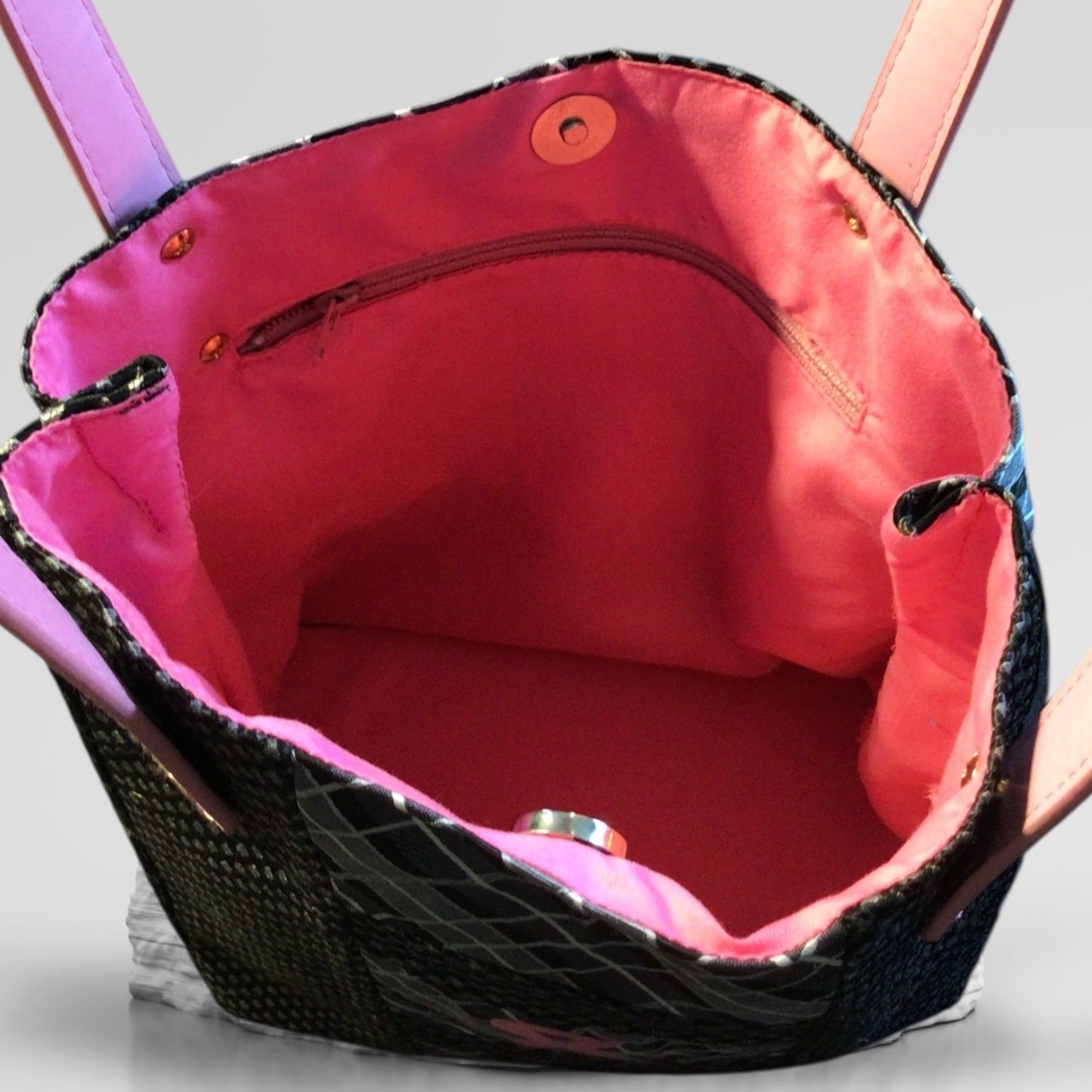 Upcycled Pink Ribbon Breast Cancer Silk Tie Purse with Faux Leather Handles