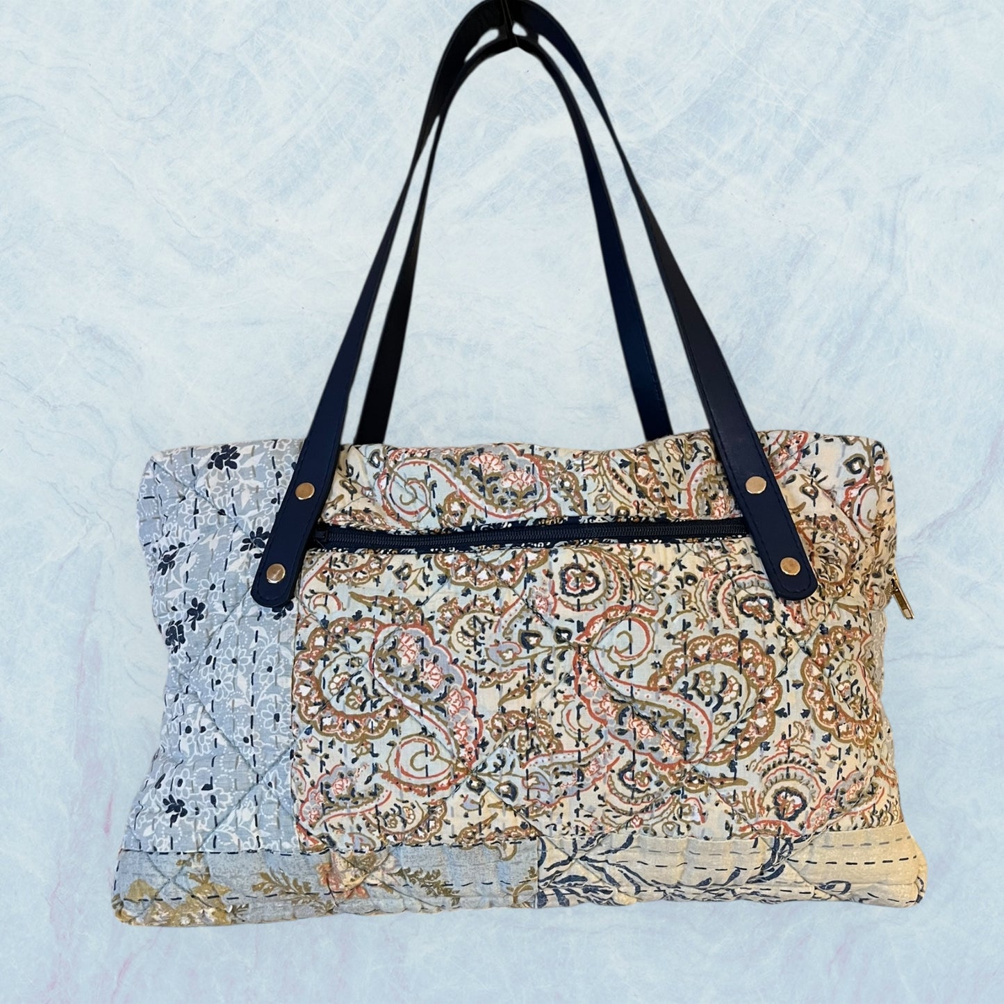 Upcycled Quilted Purse with Three Pockets, Roomy Interior and Faux Leather Navy Handles.