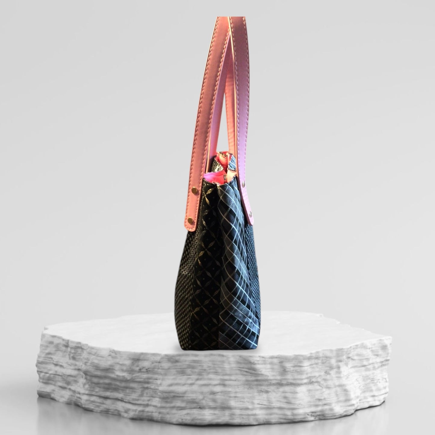 Upcycled Pink Ribbon Breast Cancer Silk Tie Purse with Faux Leather Handles