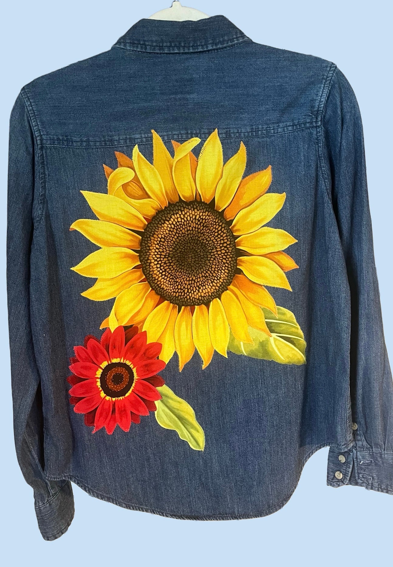 Unique Upcycled Women’s Size S Denim Shirt with Appliquéd Sunflowers and Butterflies