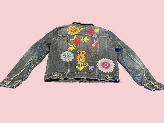 Upcycled Embellished Blue Jean Jacket-size M (women’s)