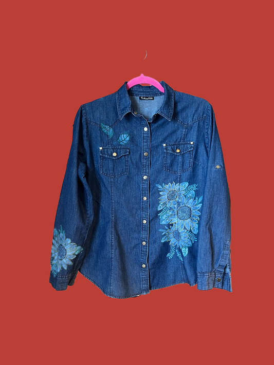 Unique Upcycled Women’s Denim Shirt with Sunflower Embellishment