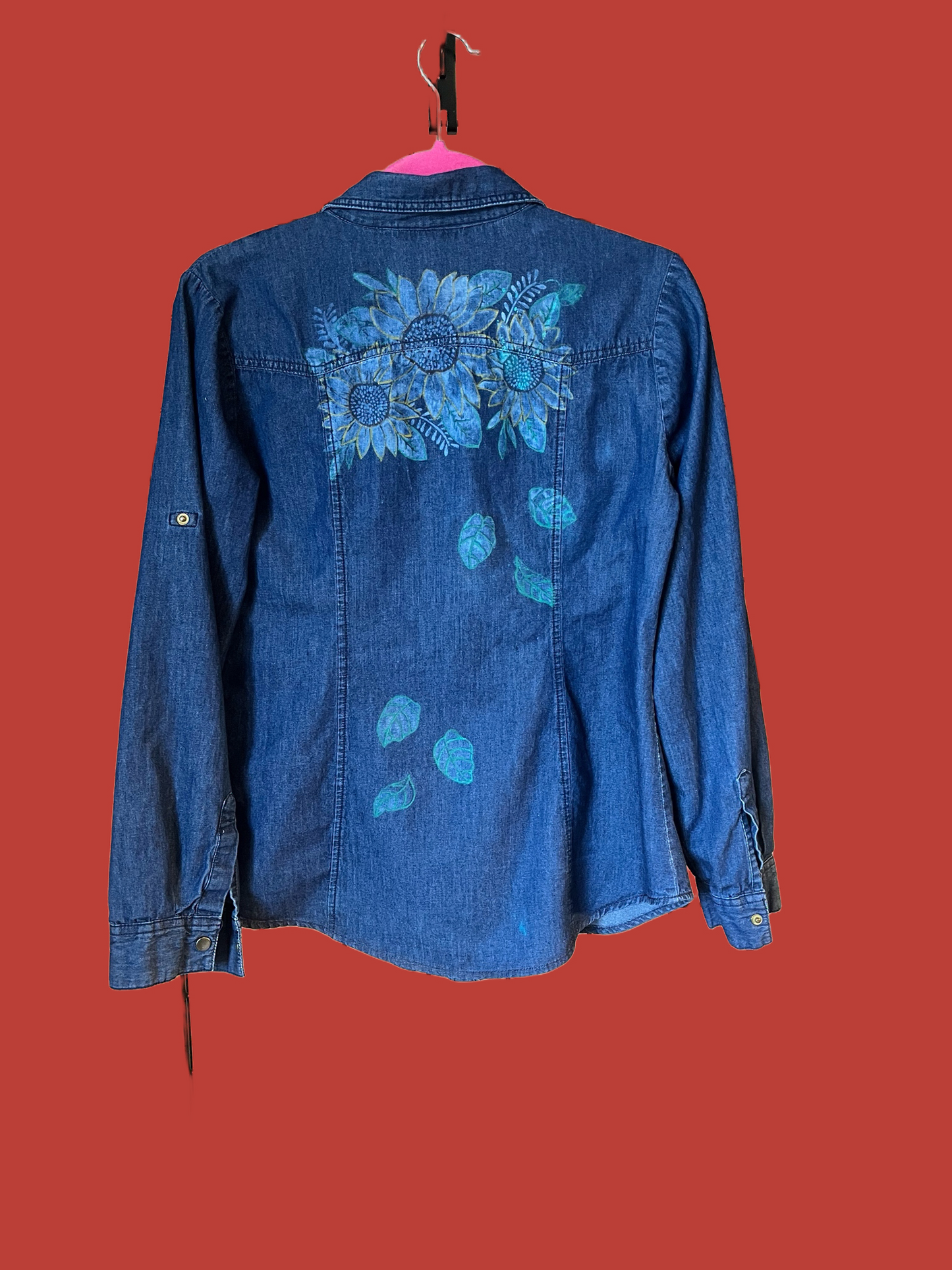 Unique Upcycled Women’s Denim Shirt with Sunflower Embellishment