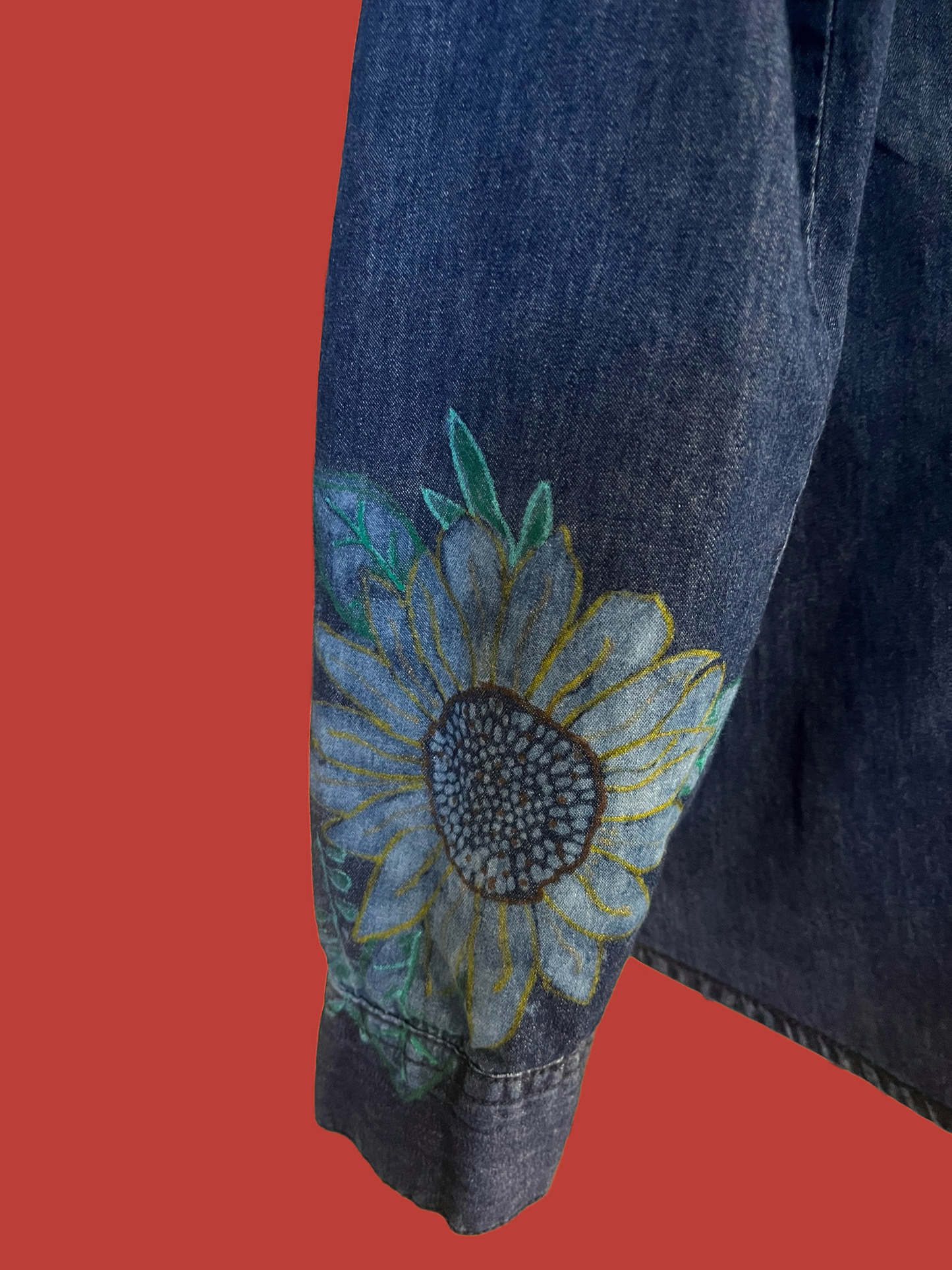 Unique Upcycled Women’s Denim Shirt with Sunflower Embellishment
